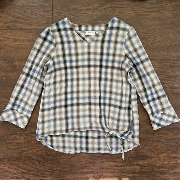 Habitat Textured Grey/Blue Crinkled Plaid Top Tie Waist Womens Size Small - Picture 1 of 6